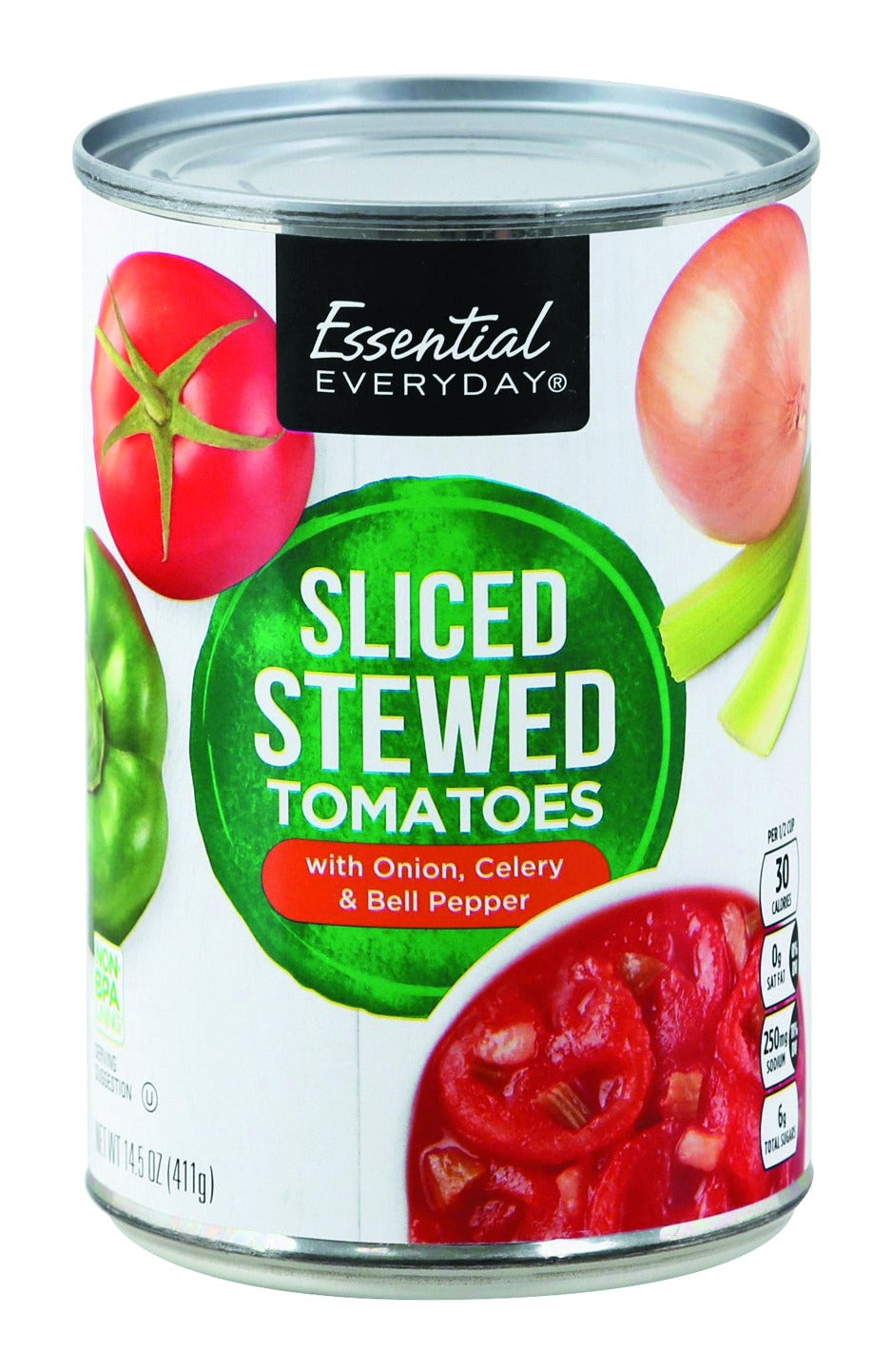 Essential Everyday Tomatoes with Onion, Celery & Bell Pepper, Stewed, Sliced