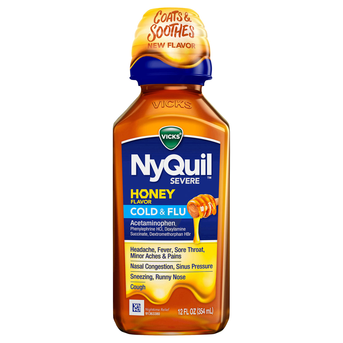 Vicks NyQuil SEVERE Honey Cold & Flu Liquid Over-the-Counter Medicine, Powerful Nighttime Relief for Headache, Fever, Sore Throat, Minor Aches and Pains, Nasal Congestion, Sinus Pressure, Sneezing, Runny Nose and Cough, Honey Flavor, 12 FL OZ