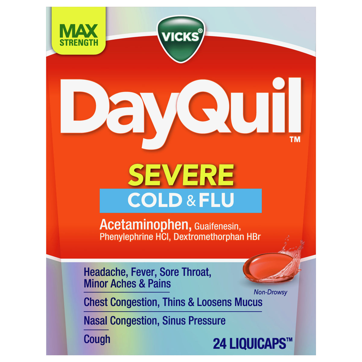 Vicks DayQuil SEVERE Cold & Flu Over-the-Counter Medicine, Powerful Non-Drowsy Daytime Relief for Headache, Fever, Sore Throat, Minor Aches and Pains, Chest Congestion, Stuffy Nose, Nasal Congestion, Sinus Pressure, and Cough, 24 Liquicaps