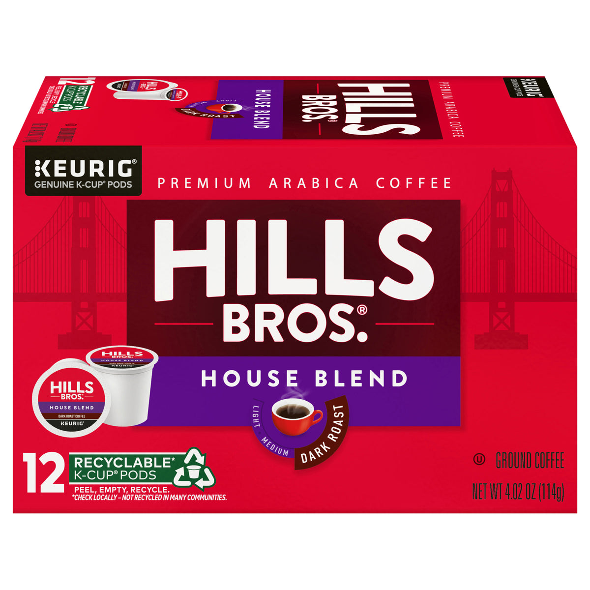 Hills Bros.® House Blend Coffee, Single Serve Keurig® K-Cup® Pods, Dark Roast Coffee, 12-Count Box