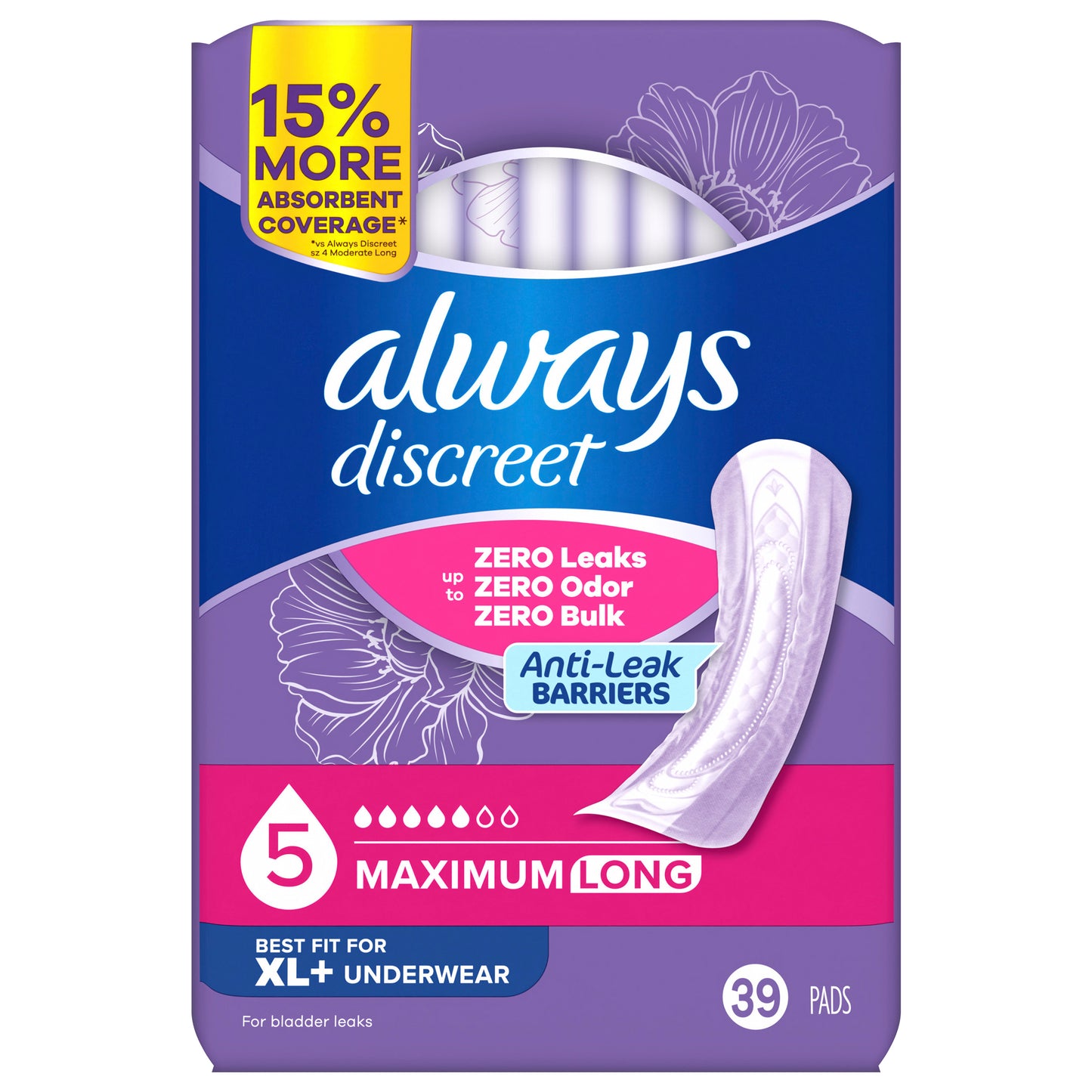 Always Discreet Adult Incontinence Pads for Women, Maximum Absorbency, Long Length, Postpartum Pads, 39 CT