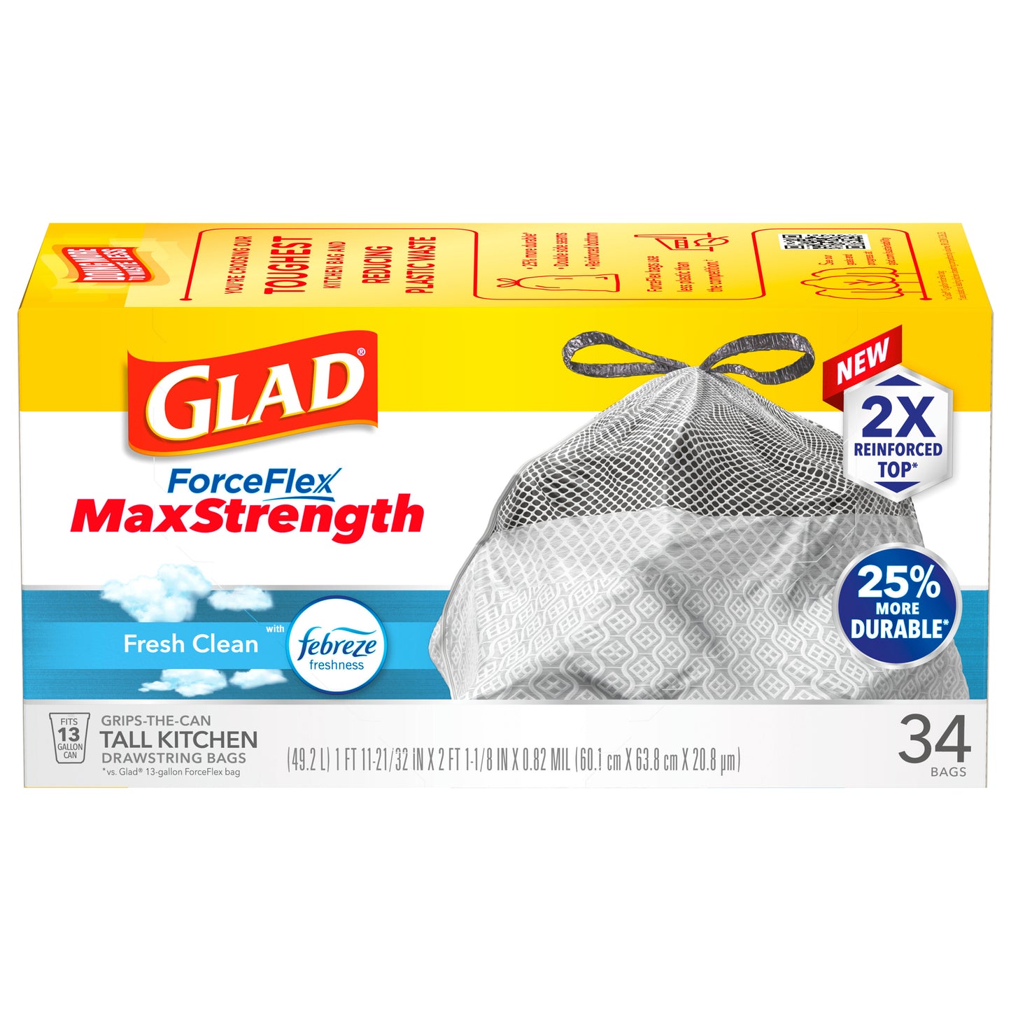 Glad ForceFlexPlus Tall Kitchen Drawstring Fresh Clean with Febreze Trash Bags