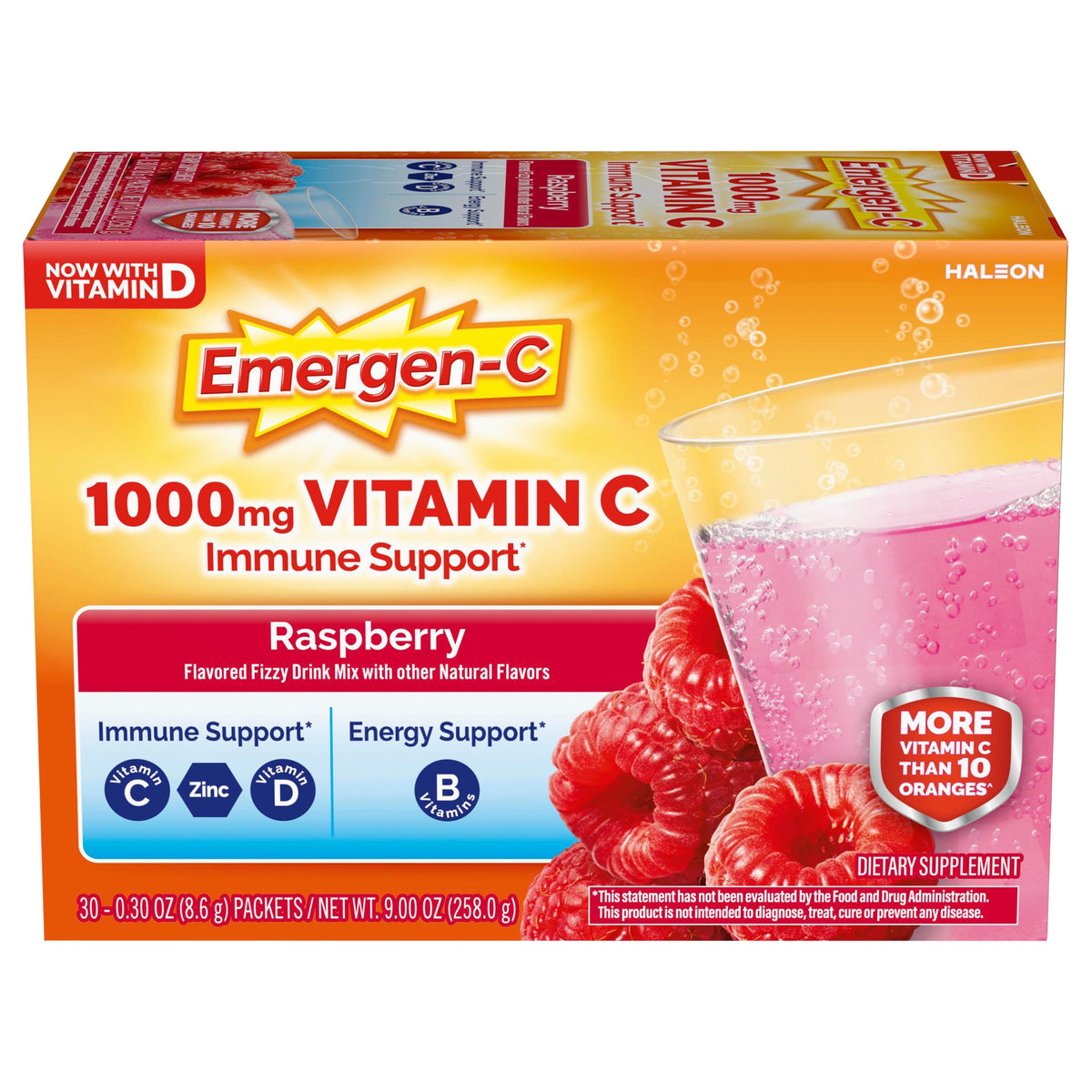 Emergen-C Vitamin C 1000mg Powder with Antioxidants Fizzy Drink Mix, Raspberry Flavor, 30 Count