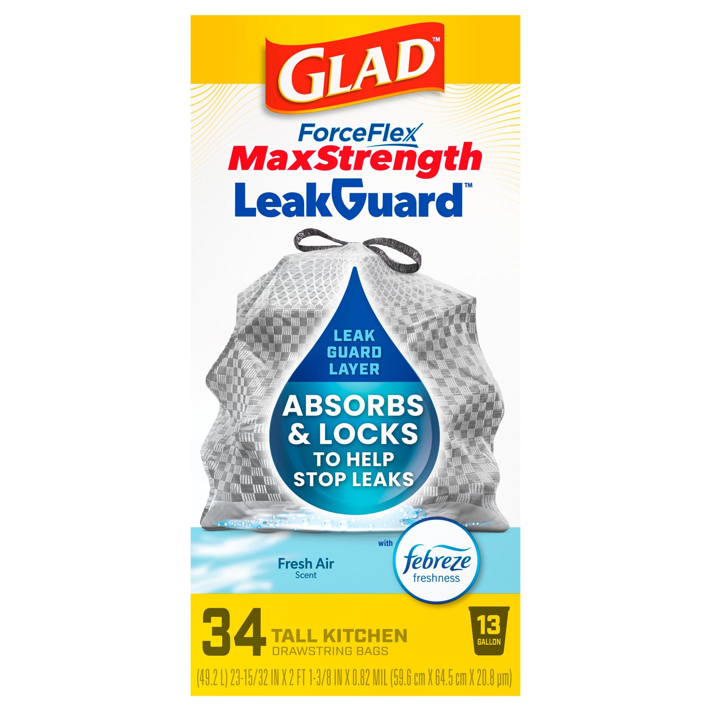 Glad ForceFlex MaxStrength LeakGuard Tall Kitchen Trash Bags, 13 Gallon, Fresh Air, 34 Count