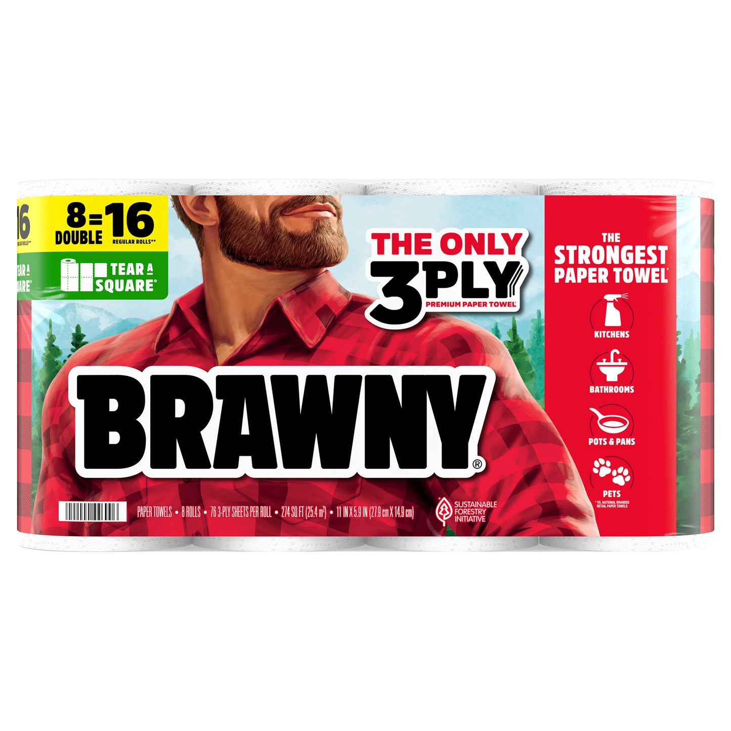 BRAWNY TEAR-A-SQUARE PAPER TOWELS, 8 DOUBLE ROLLS