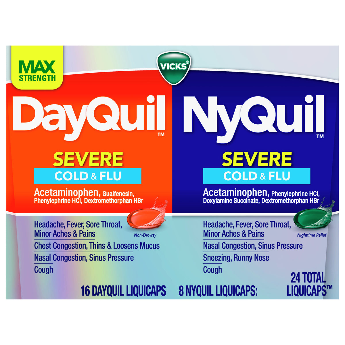 Vicks DayQuil & NyQuil SEVERE Co-Pack, Cold & Flu Over-the-Counter Medicine, Powerful Relief for Headache, Fever, Sore Throat, Minor Aches and Pains, Nasal Congestion, Sinus Pressure, Stuffy Nose, and Cough, 24ct
