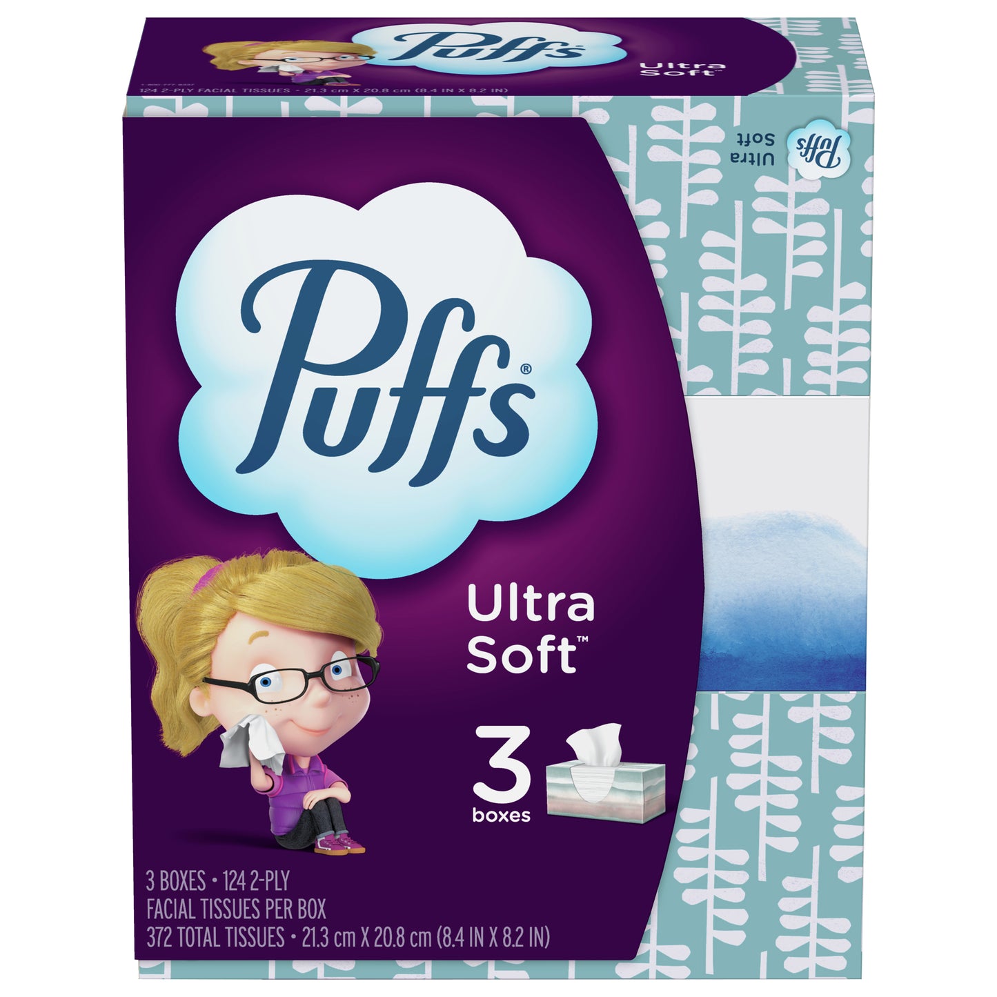 Puffs Ultra Soft Facial Tissues, 3 Family Size Boxes, 124 Facial Tissues Per Box