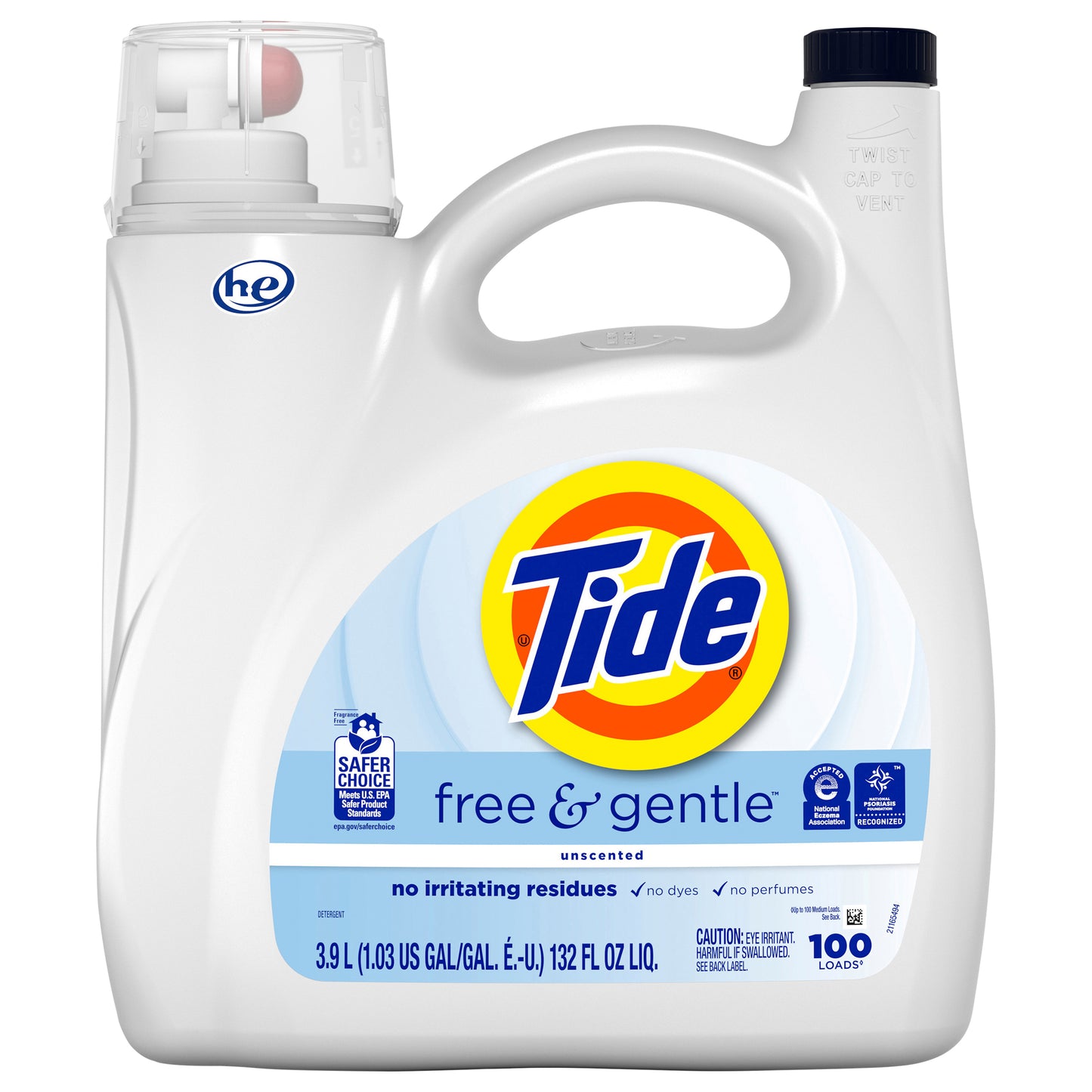 Tide Free & Gentle Liquid Laundry Detergent, 100 Loads, 132 fl oz, Tide Laundry Detergent, Clean Laundry Detergent