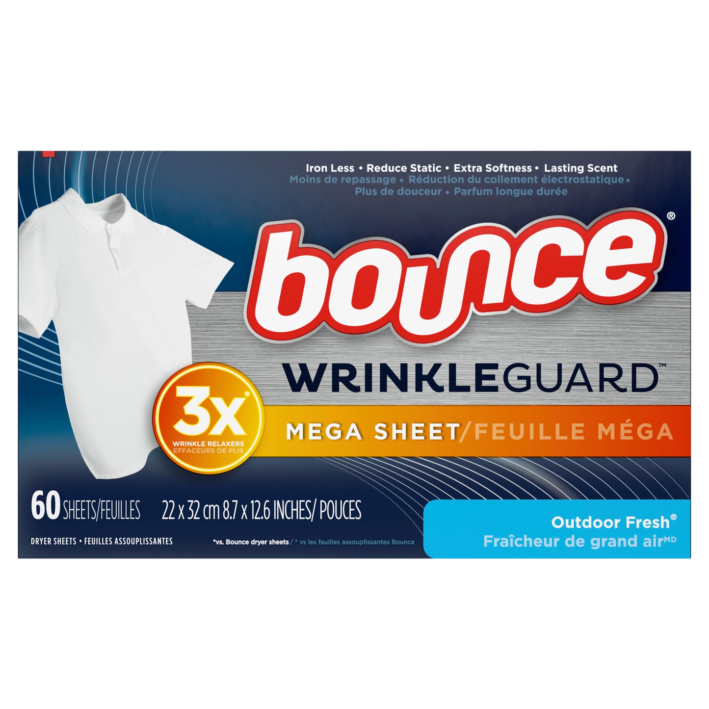 Bounce WrinkleGuard Mega Dryer Sheets, 60 Count, Wrinkle Release Fabric Softener Sheets with Outdoor Fresh Scent