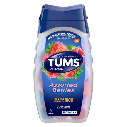 TUMS Ultra Strength Chewable Antacid Tablets for Heartburn Relief, Assorted Berries - 72 Count