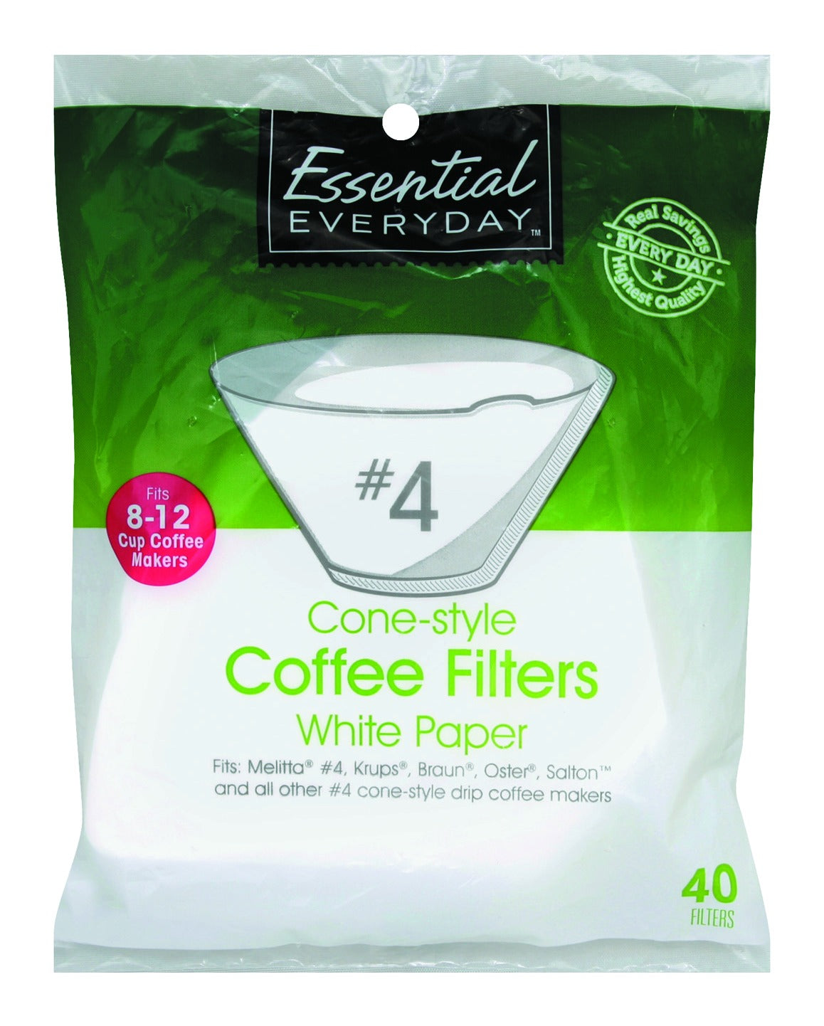 Essential Everyday Coffee Filters, Cone-Style, No. 4, White Paper, 8-12 Cup