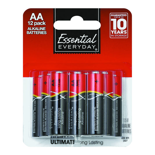 Essential Everyday Batteries, Alkaline, AA, 12 Pack