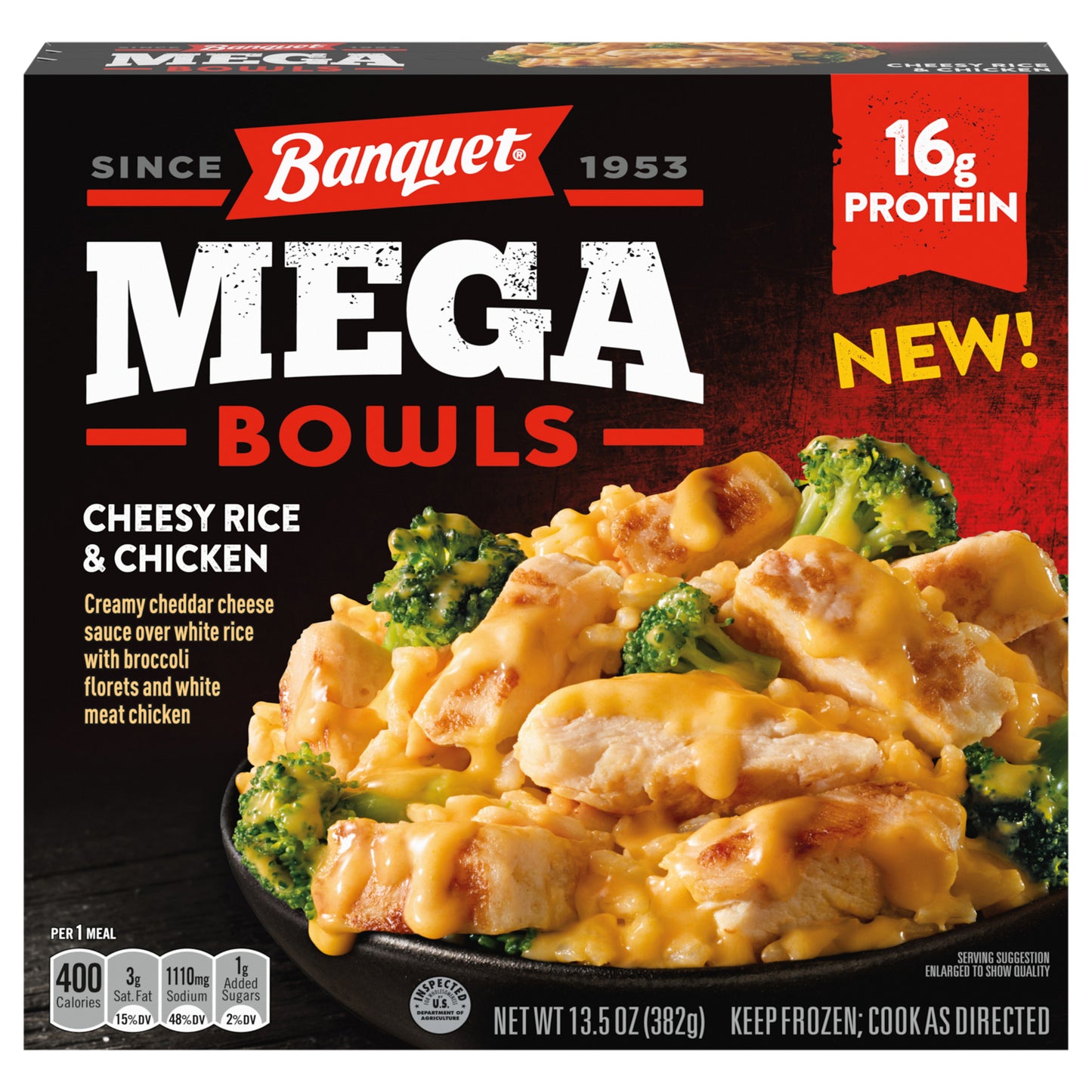 Banquet MEGA Bowls Cheesy Rice & Chicken, Frozen Meal, 13.5 oz.