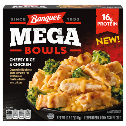 Banquet MEGA Bowls Cheesy Rice & Chicken, Frozen Meal, 13.5 oz.