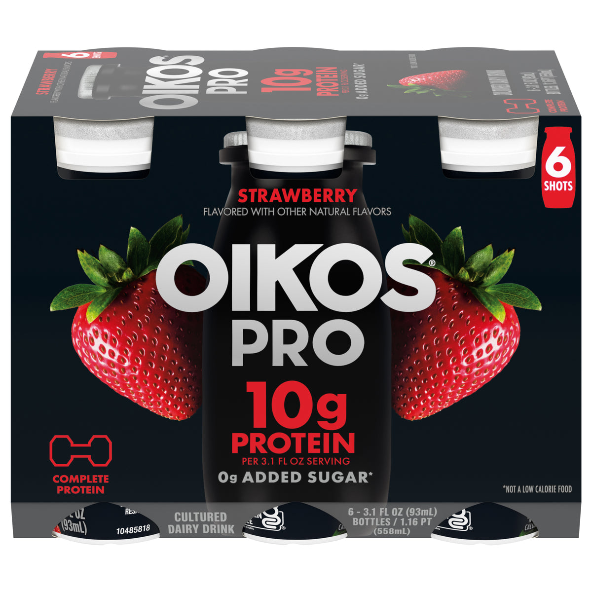 Oikos Pro Shots Strawberry Dairy Drink, 10g of Protein, 0g Added Sugar, Convenient High Protein Snack, 6ct, 3.1 Fl Oz Bottle