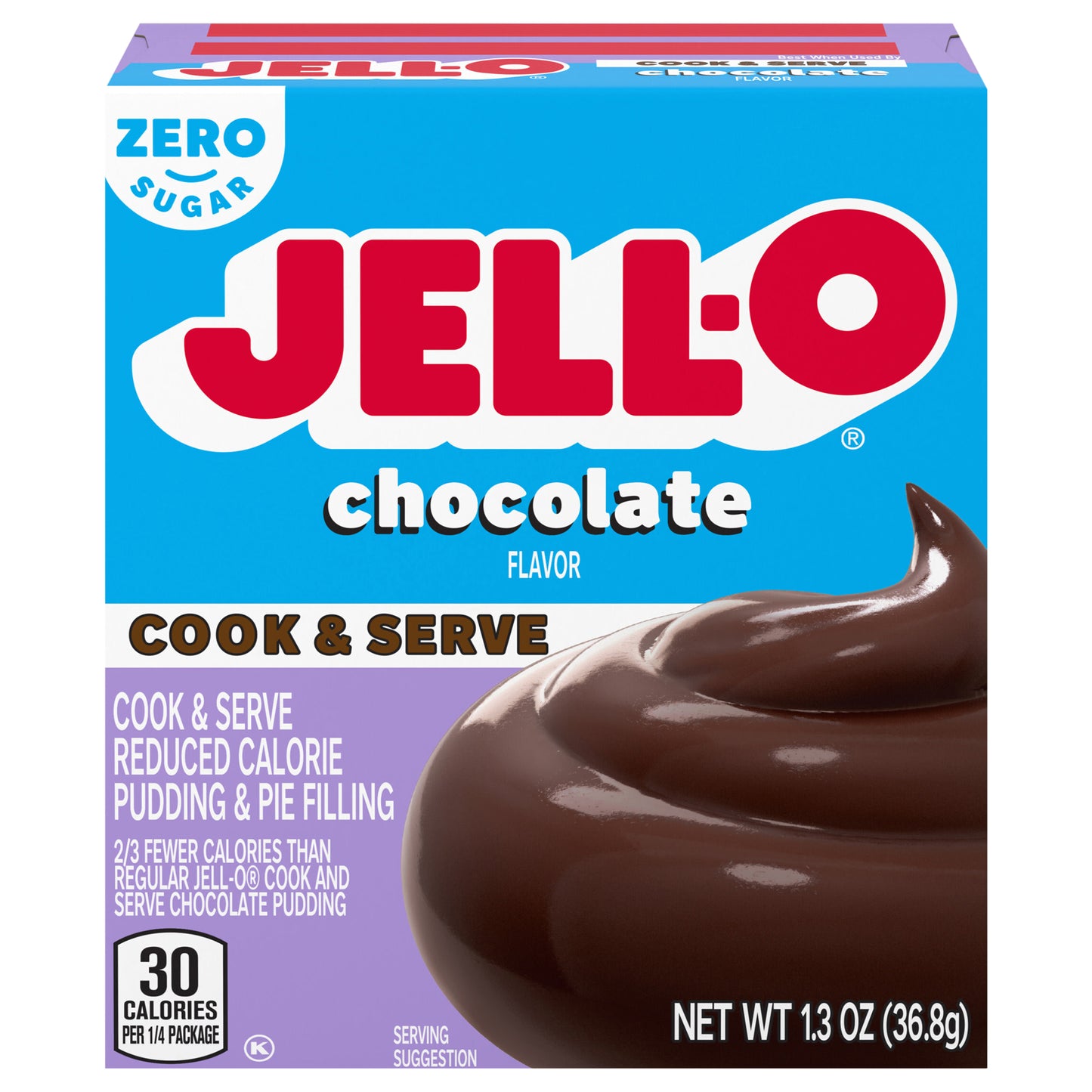 Jell-O Chocolate Flavor Zero Sugar Cook & Serve Reduced Calorie Pudding & Pie Filling Mix, 1.3 oz Box