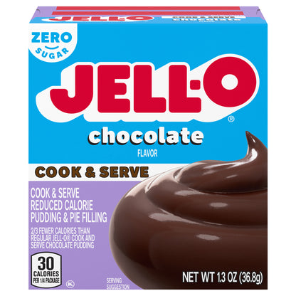 Jell-O Chocolate Flavor Zero Sugar Cook & Serve Reduced Calorie Pudding & Pie Filling Mix, 1.3 oz Box