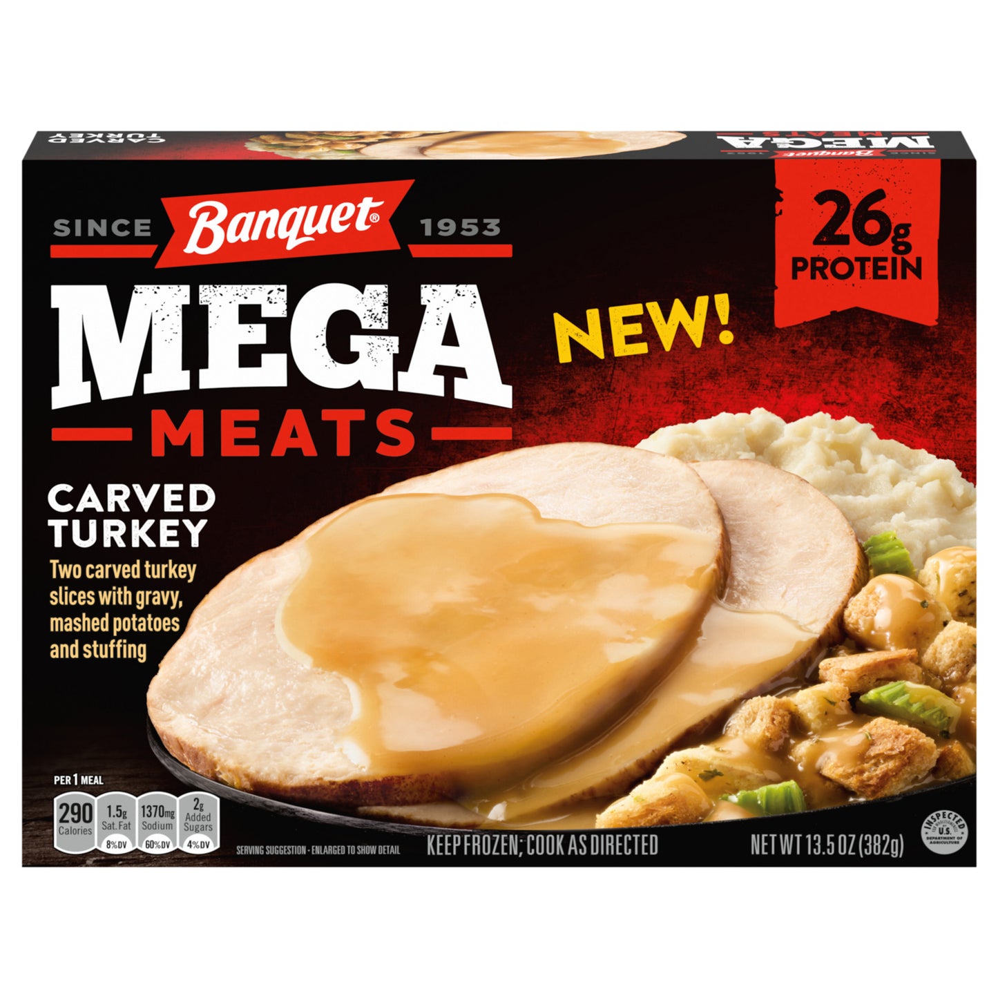 Banquet MEGA Meats Carved Turkey, Frozen Meal, 13.5 oz.