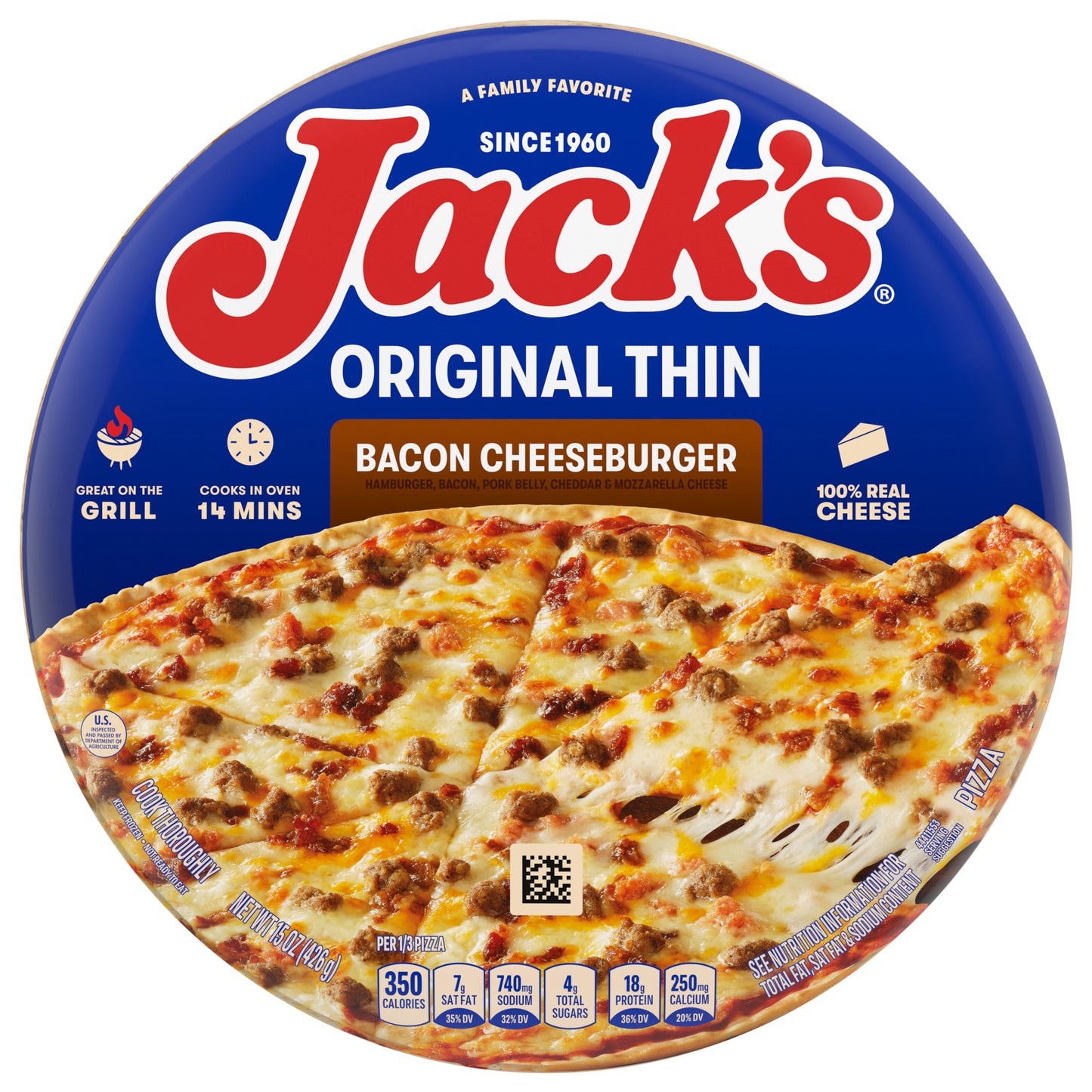 Jack’s Original Thin Bacon Cheeseburger Pizza, Thin Crust, Cheese Pizza, Frozen