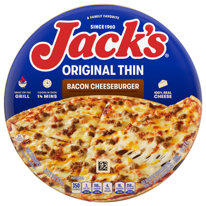 Jack’s Original Thin Bacon Cheeseburger Pizza, Thin Crust, Cheese Pizza, Frozen