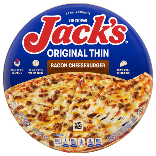 Jack’s Original Thin Bacon Cheeseburger Pizza, Thin Crust, Cheese Pizza, Frozen