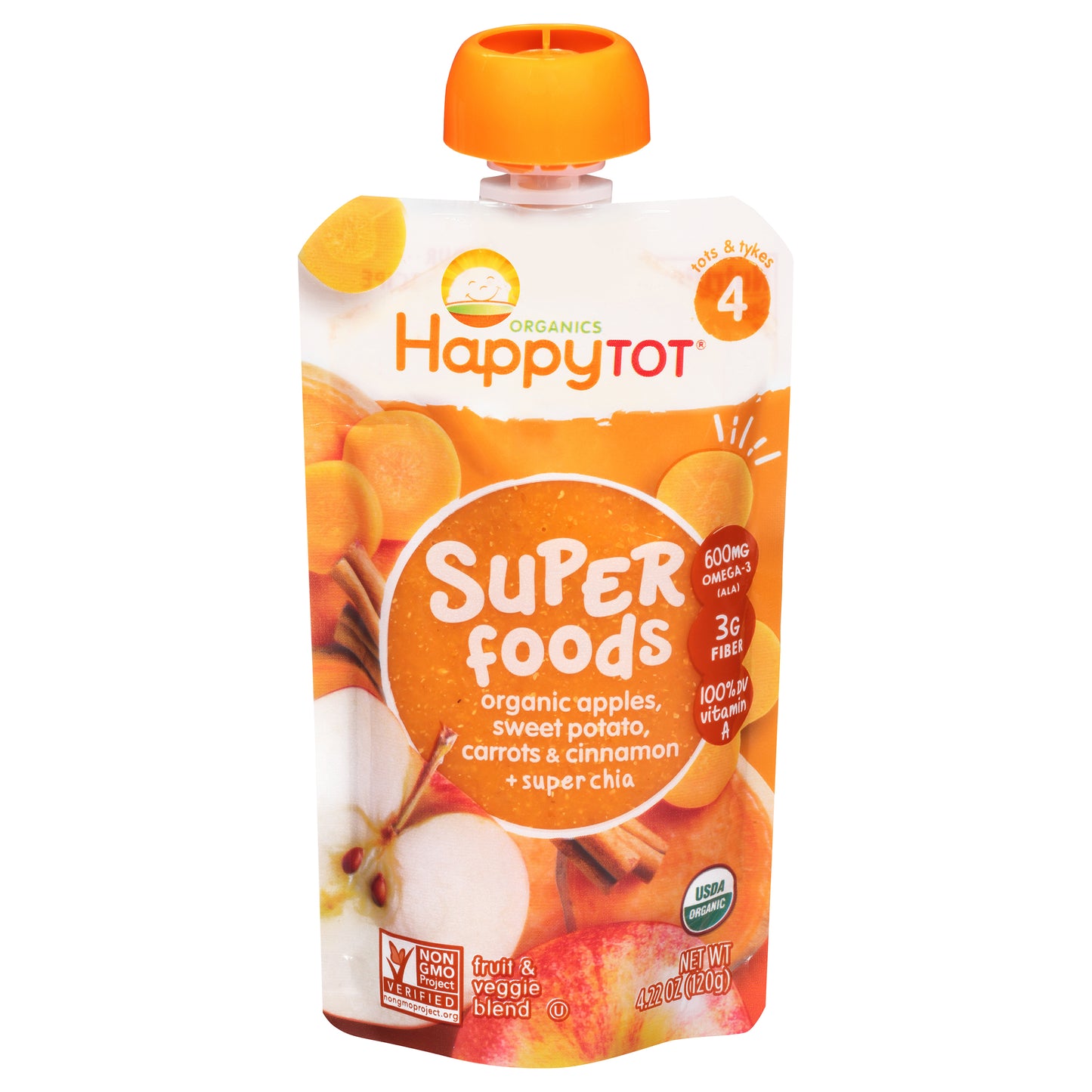 Happy Tot Organics Superfoods Stage 4 Organic Apples, Sweet Potatoes, Carrots & Cinnamon + Super Chia Pouch 4.22 oz UNIT