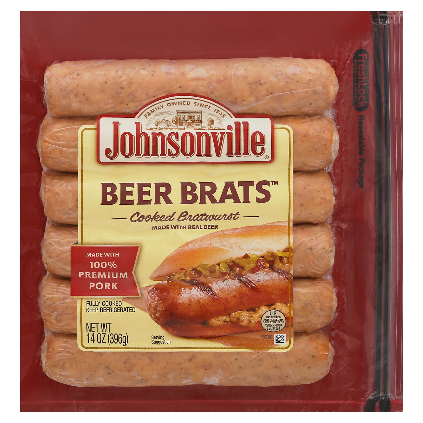 Johnsonville Beer Brats Cooked Bratwurst 14 oz