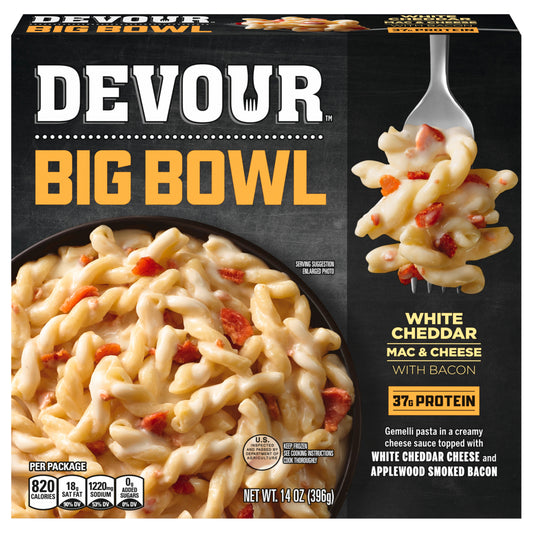 Devour Big Bowl White Cheddar Mac & Cheese with Bacon, 14 oz Box