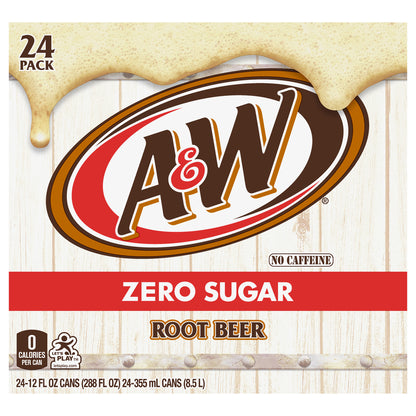 A&W Zero Sugar Root Beer Soda, 12 fl oz cans, 24 pack