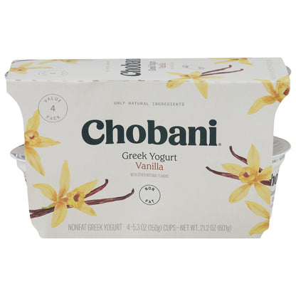 Chobani Greek Nonfat Vanilla Yogurt Value Pack 4 - 5.3 oz Cups