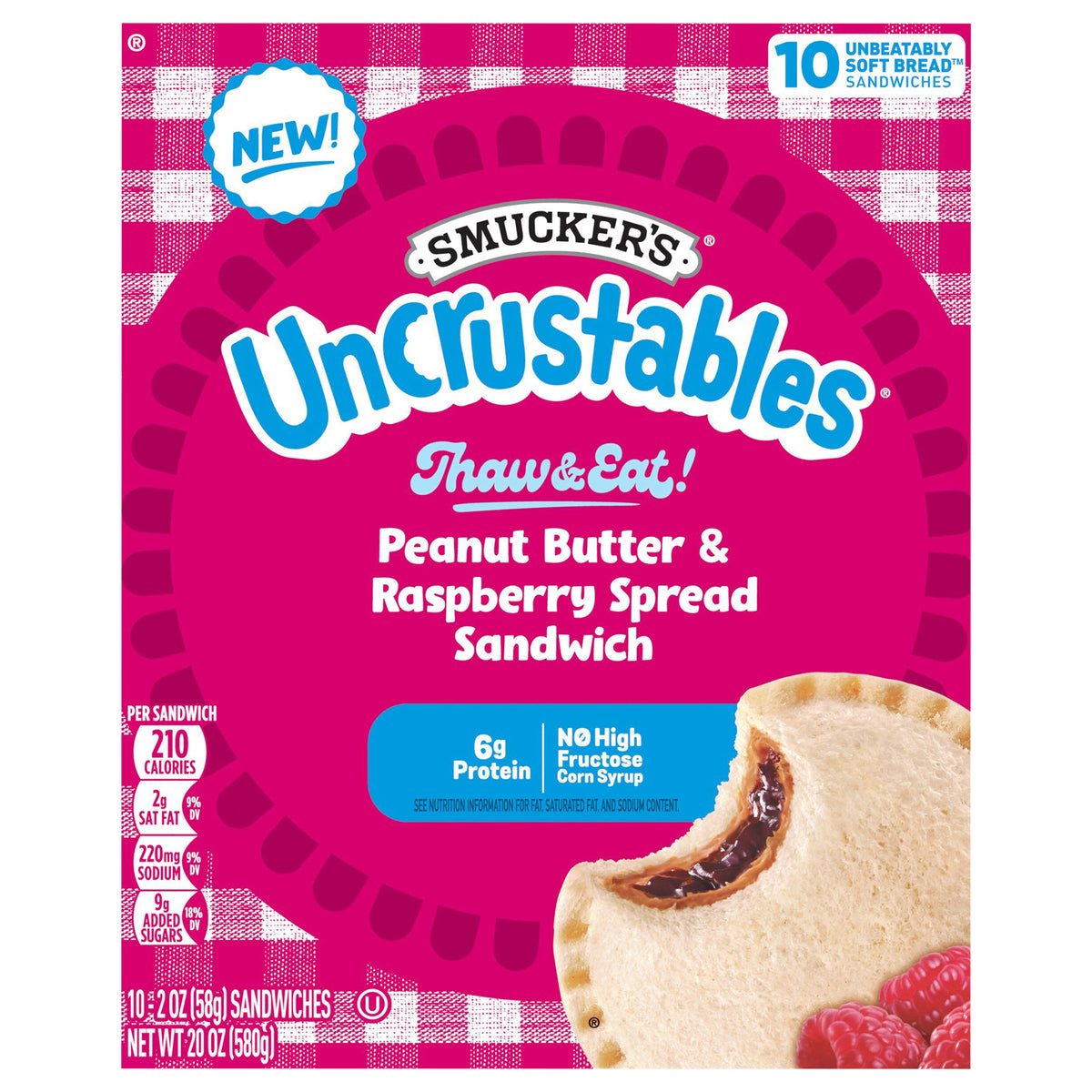 Smucker’s Uncrustables Peanut Butter & Raspberry Spread Sandwiches, 10 Count, 2 Oz. Each, Frozen