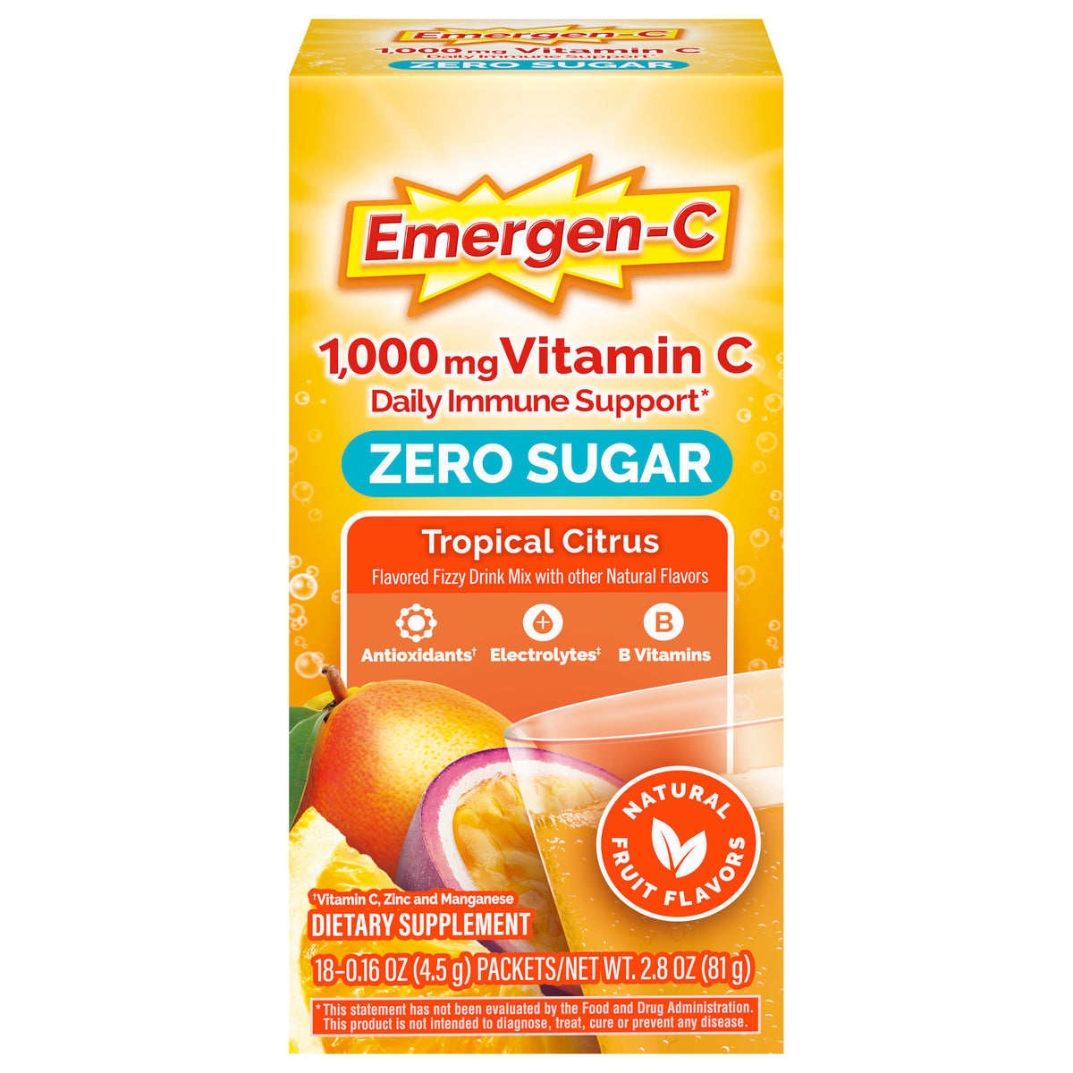Emergen-C Zero Sugar Powder for Daily Immune Support Tropical Citrus Flavor