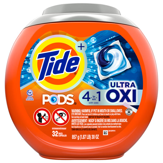 Tide PODS Liquid Laundry Detergent Soap Pacs, 4-n-1 Ultra Oxi, HE Compatible 32 Count, Built in Pre-treater for Stains