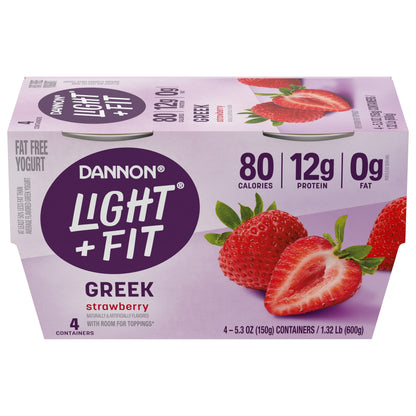 Dannon Light + Fit Strawberry Greek Fat Free Yogurt Pack, 4 Ct, 5.3 OZ Cups