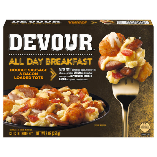 DEVOUR All Day Breakfast Double Sausage & Smoked Bacon Loaded Tater Tots Frozen Meal, 9 oz Box