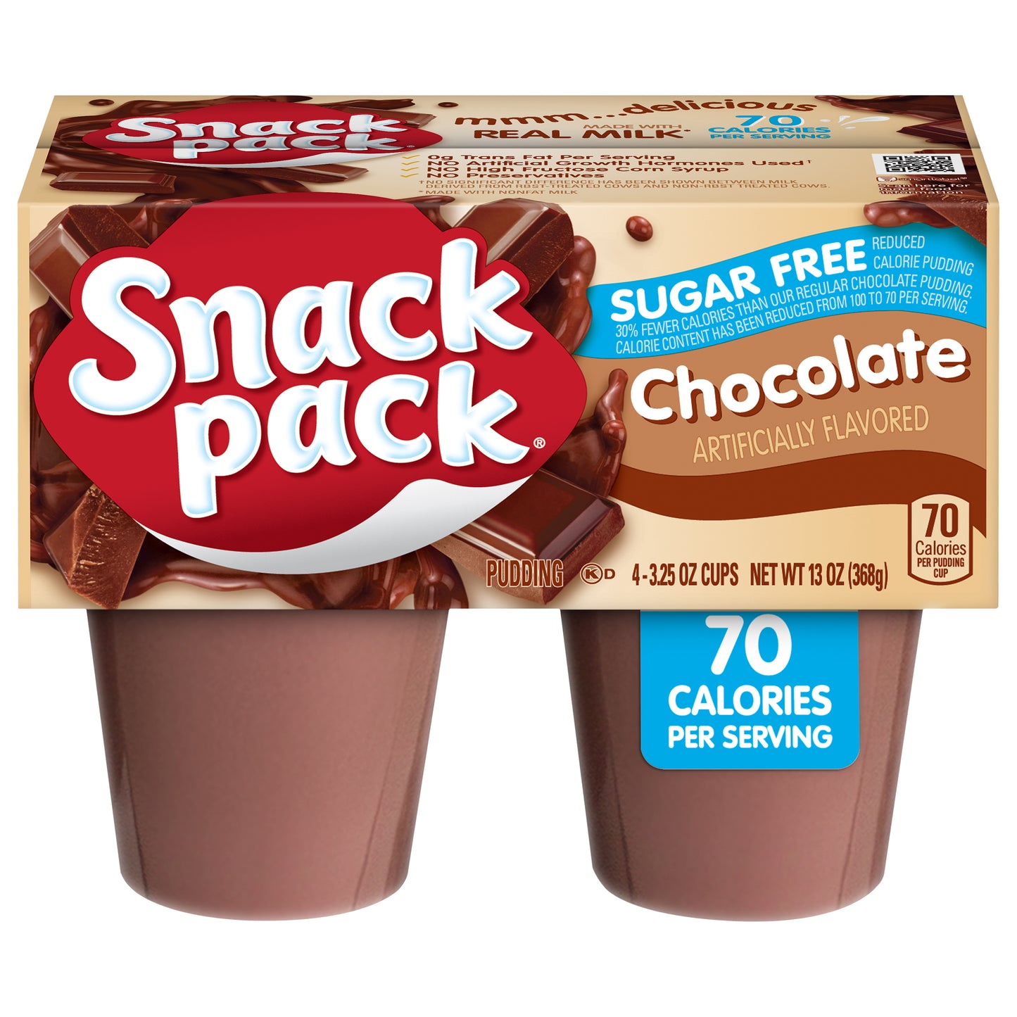 Snack Pack Sugar Free Chocolate Flavored Pudding, 4 Count Pudding Cups (12 Pack) - Chocolate