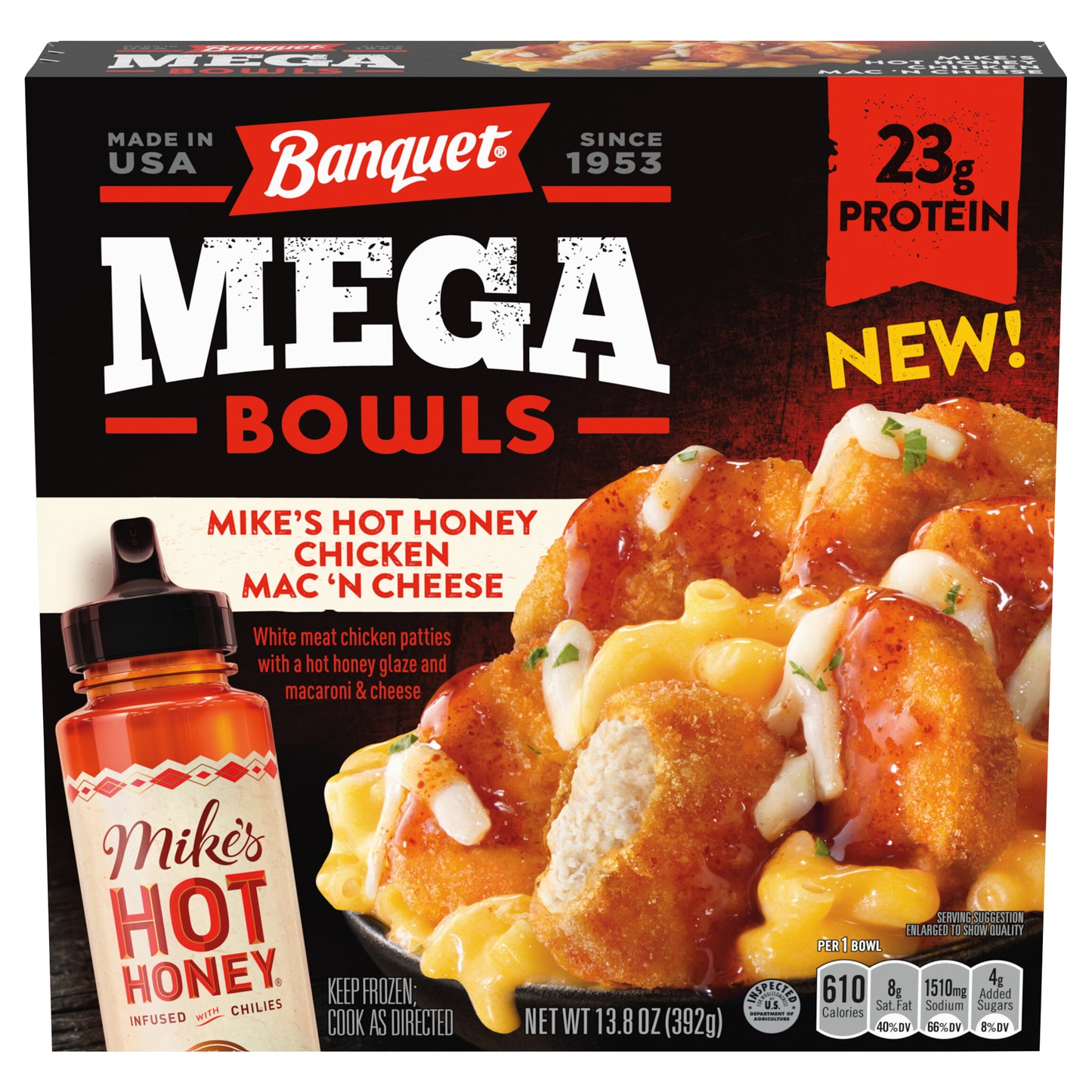 Banquet MEGA Bowls Mike's Hot Honey Chicken Mac 'n Cheese Frozen Meal, 13.85 oz.