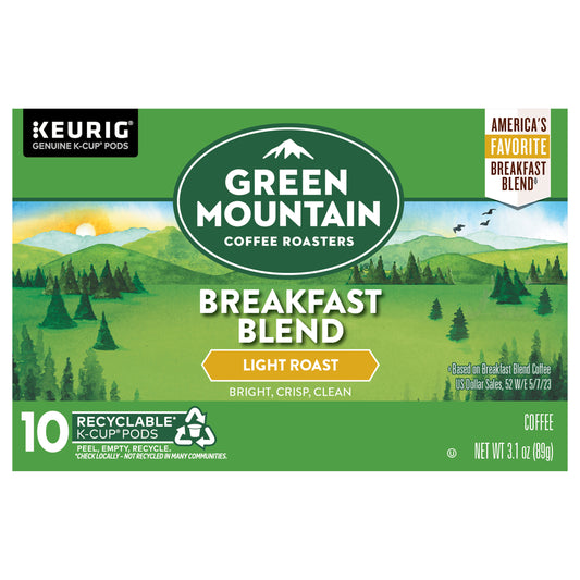 Green Mountain Coffee Roasters Breakfast Blend Single-Serve Keurig K-Cup Pods, Light Roast Coffee, 10 Count