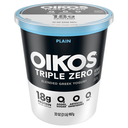 Oikos Triple Zero Plain 18g Protein, 0g Added Sugar, Greek Nonfat Yogurt Tub, 32 OZ