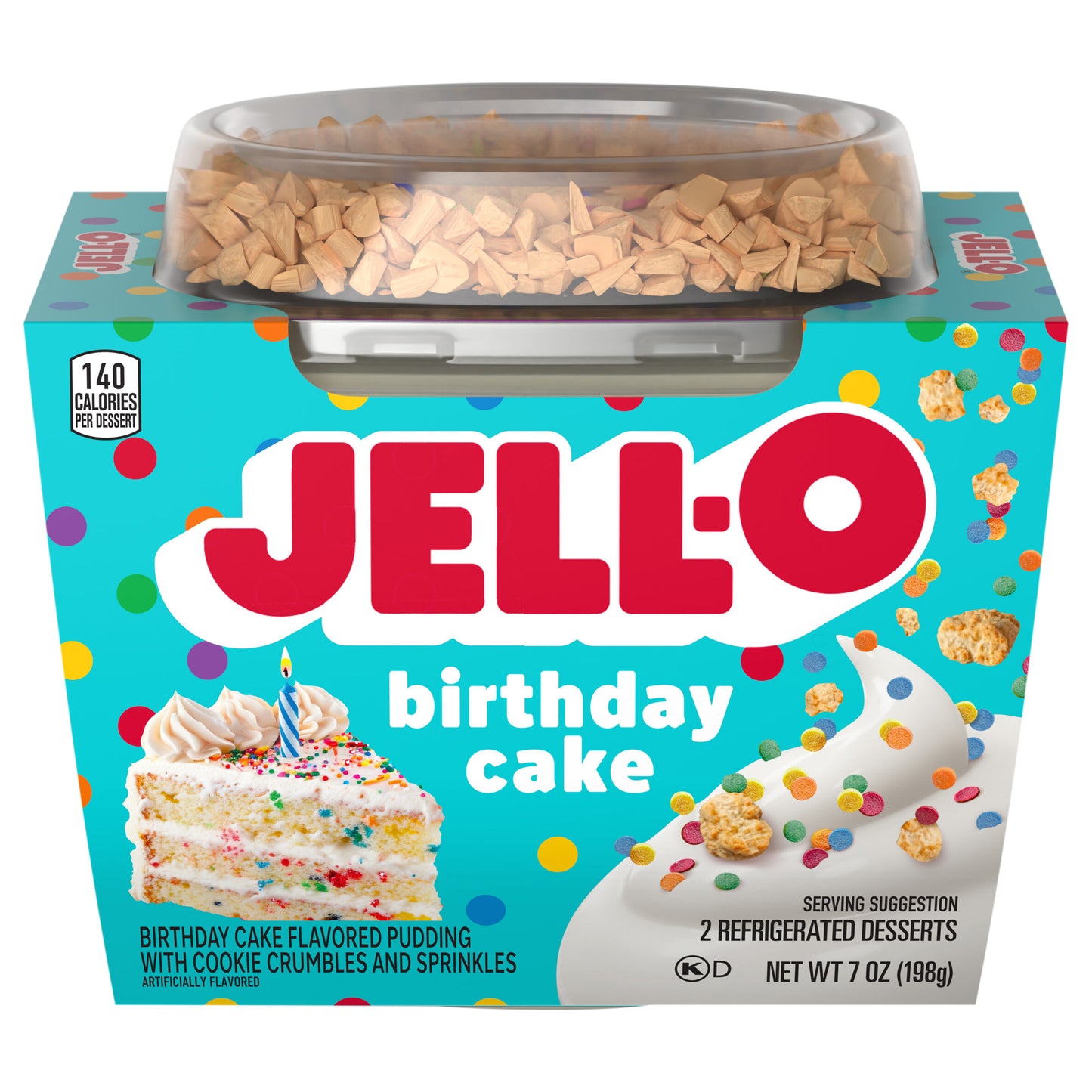 Jell-O Birthday Cake Flavored Pudding with Cookie Crumbles and Sprinkles, 2 Refrigerated Desserts, for Quick and Easy Snacking, Artificially Flavored, 7 oz