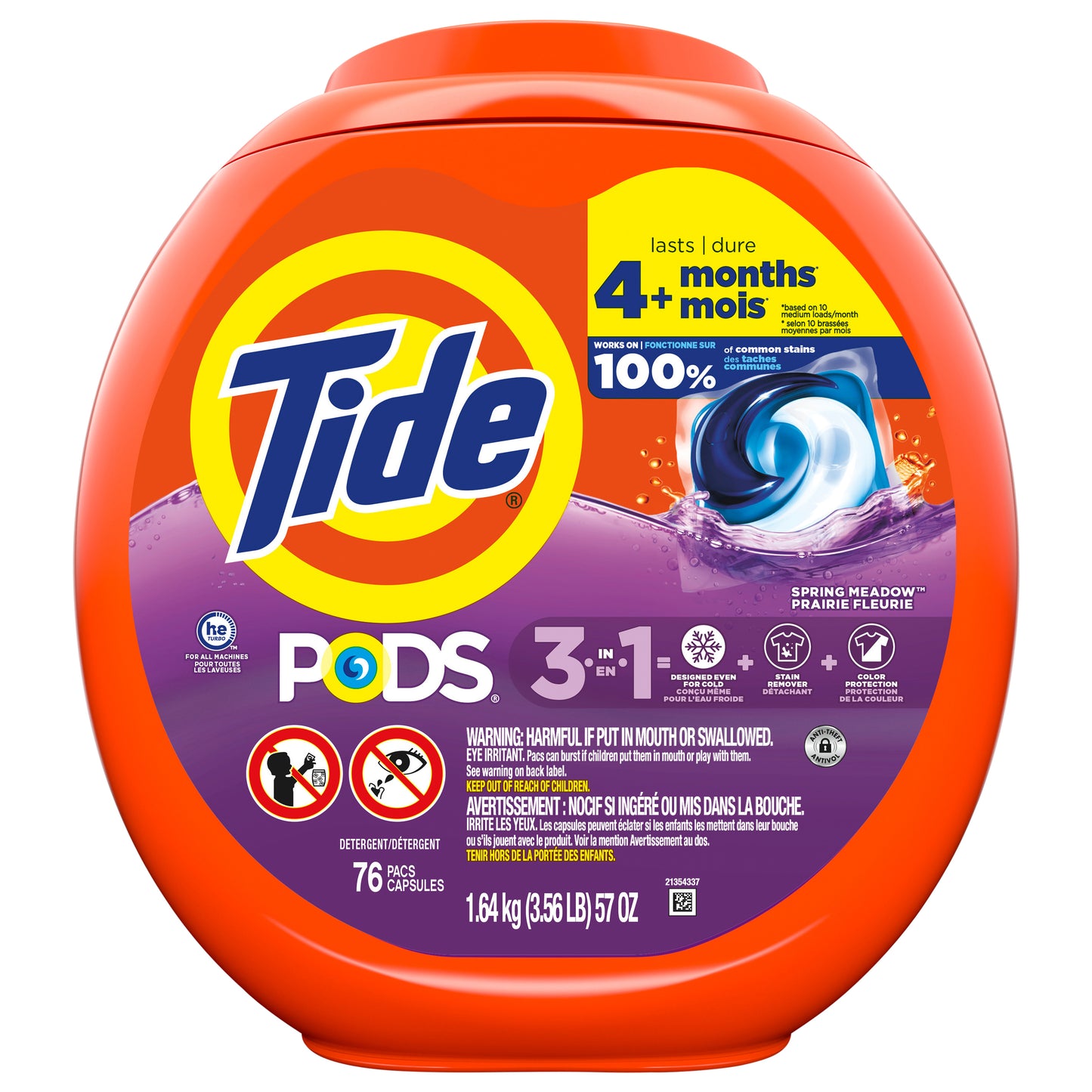 Tide PODS laundry detergent pacs, 3-in-1 Stain Remover, Odor Fighter, Color Protector, 76 Count, HE compatible, Spring Meadow Scent