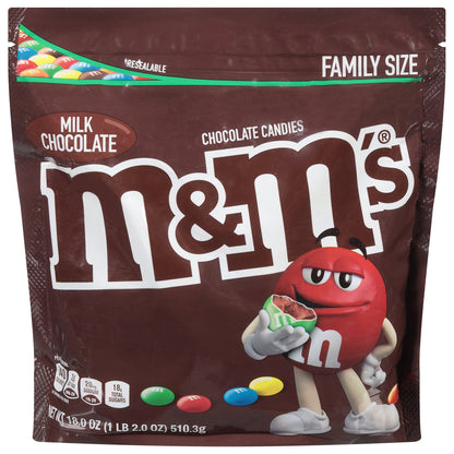 M&M'S Milk Chocolate Candy, Family Size, 18 oz Resealable Bulk Candy Bag