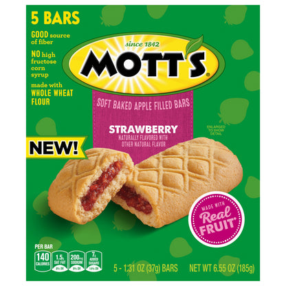 Mott's Soft Baked Apple Filled Bars, Strawberry Flavor Snacks, Made with Real Fruit, 5 Ct, 6.55 oz
