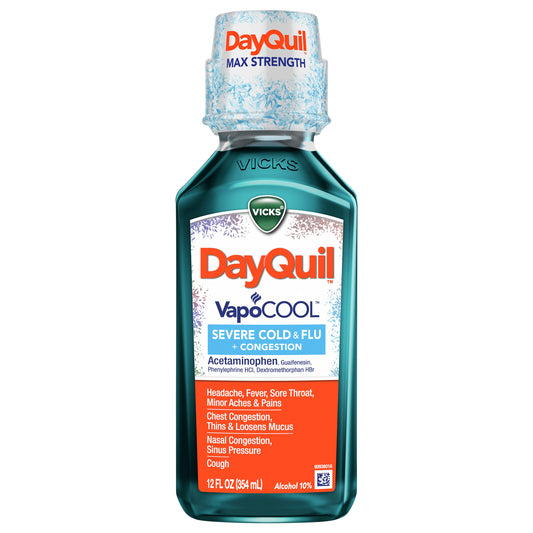 Vicks DayQuil VapoCOOL SEVERE Cold & Flu Liquid Over-the-Counter Medicine, Powerful, Non-Drowsy Daytime Relief for Headache, Fever, Sore Throat, Minor Aches and Pains, Chest Congestion, Stuffy Nose, Nasal Congestion, Sinus Pressure, and Cough, 12 FL OZ