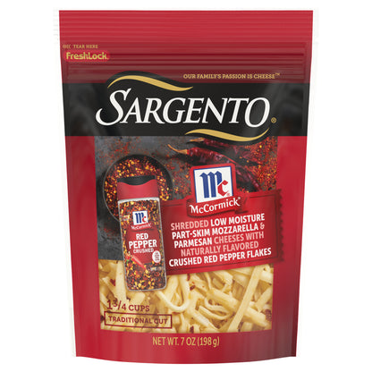 Sargento® McCormick® Mozzarella & Parmesan Shredded Cheeses with Crushed Red Pepper, Traditional Cut, 7 oz.