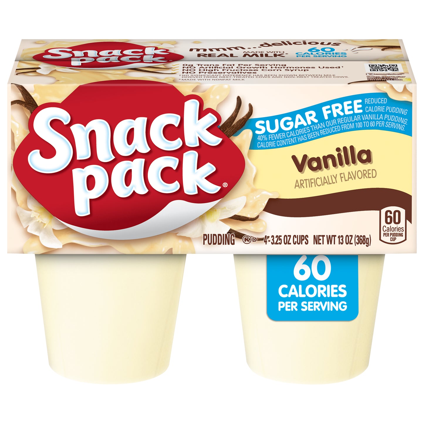 Snack Pack Sugar Free Chocolate Flavored Pudding, 4 Count Pudding Cups (12 Pack) - Vanilla