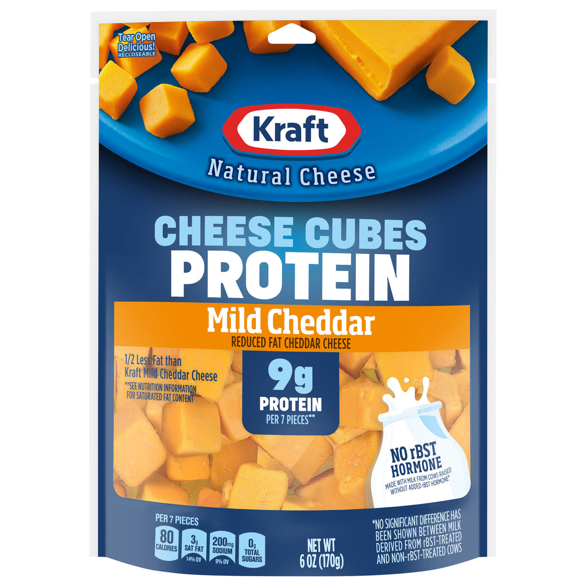 Kraft Protein Reduced Fat Mild Cheddar Cheese Cubes, 6 oz