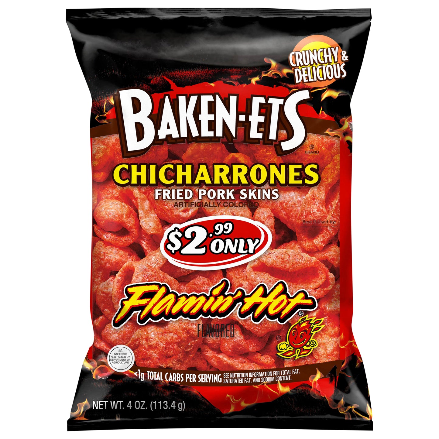 Baken-ets Chicharrones Fried Pork Skins Flamin' Hot Flavored 4 Oz