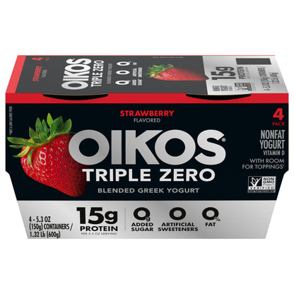 Oikos Triple Zero Strawberry 15g Protein Nonfat Greek Yogurt Pack, 4 Ct, 5.3 OZ Cups