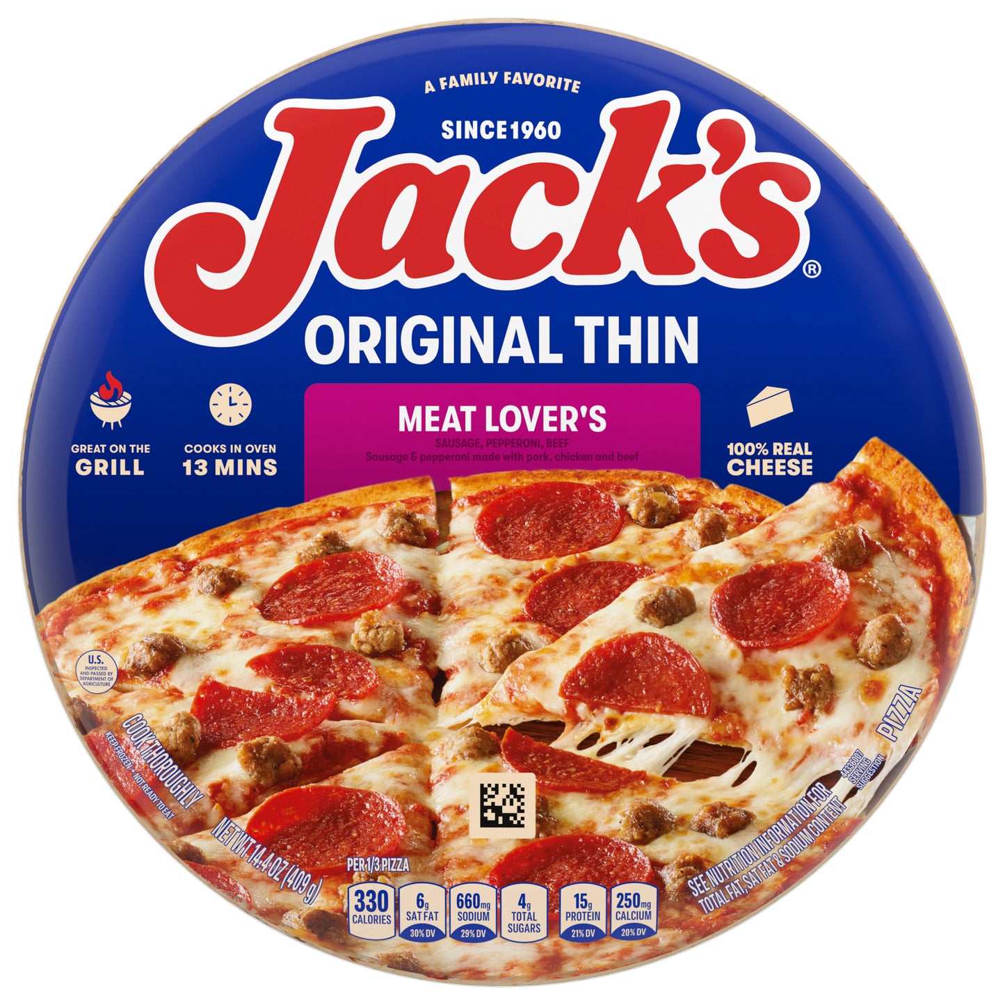Jack’s Frozen Pizza, Original Thin Crust Meat Lover’s Pizza, Beef, Sausage, Pepperoni Pizza, 12in,14.4oz (Frozen)